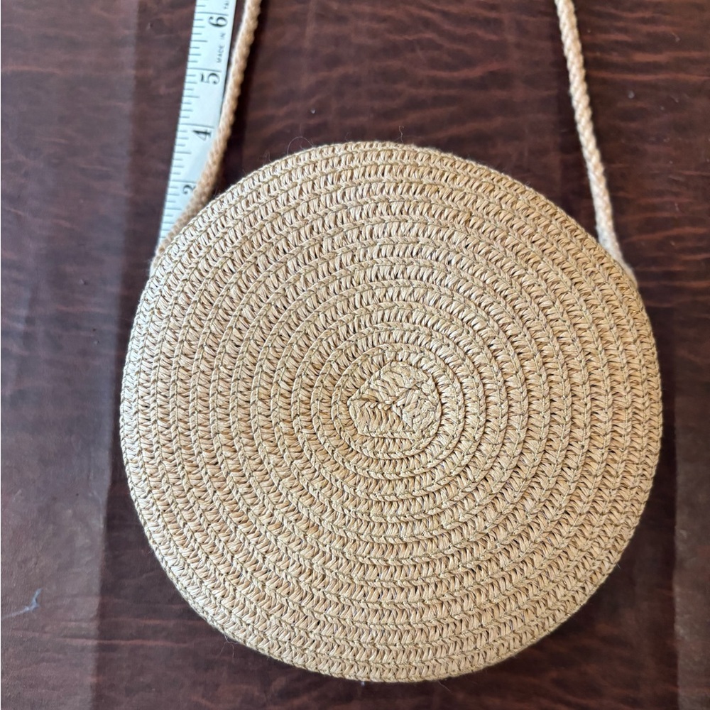 Tan Raffia Woven Circular Crossbody Bag with Spiral Design